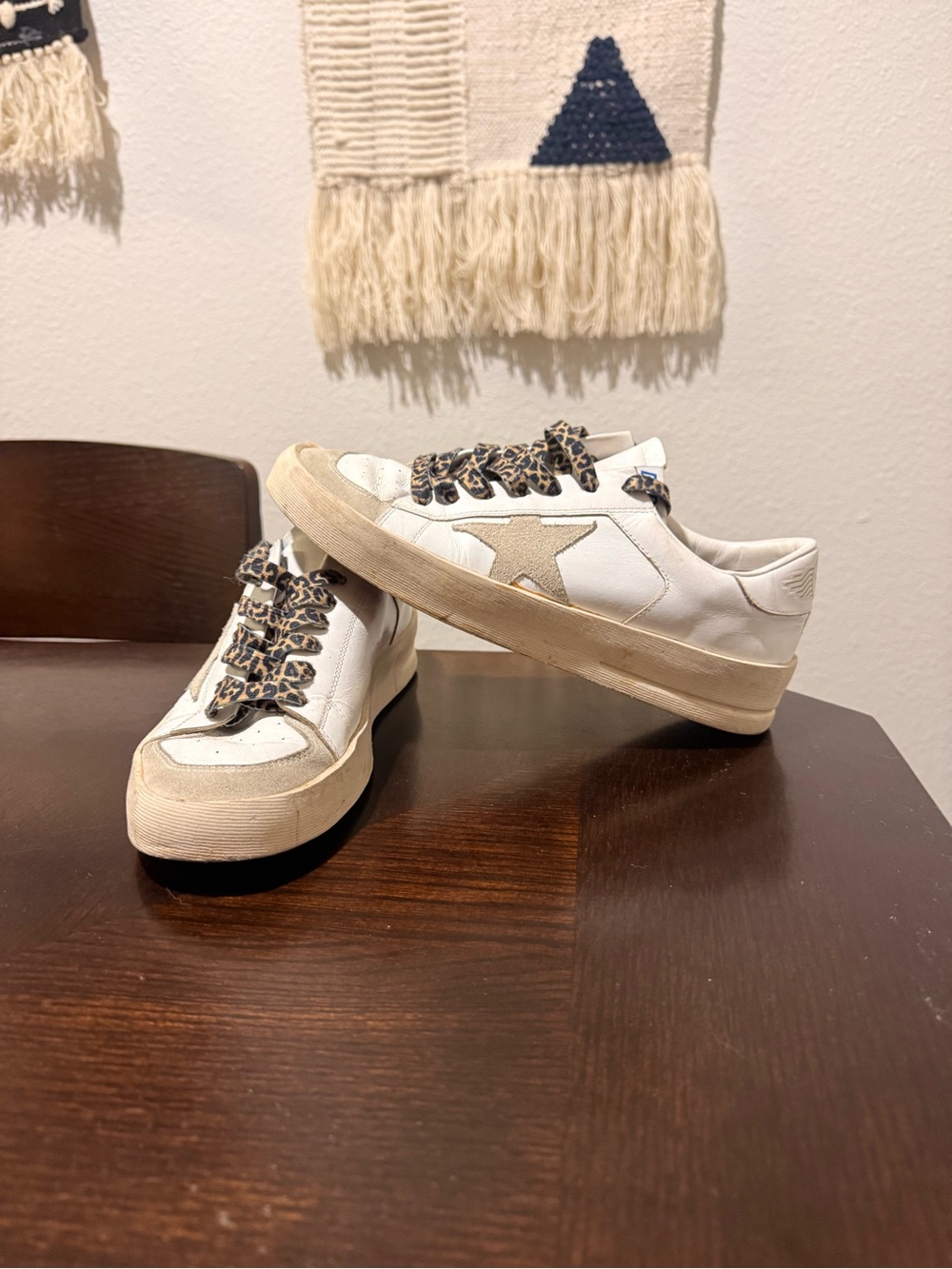 Golden Goose White Leather Low-Top Sneakers with Beige Star and Leopard Laces